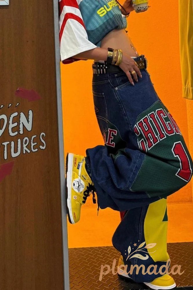 Graphic Patch Wide Leg Floor Length Trendy Hip Hop Jeans