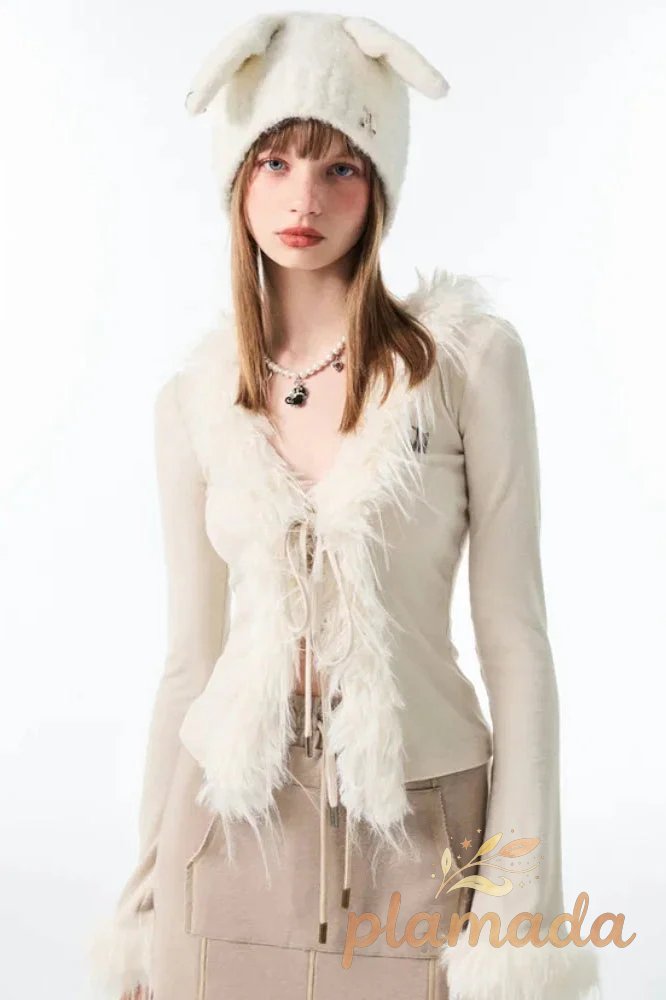 Lace-Up V Neck Plush Cardigan