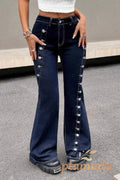 Button Front High Stretch Flare Floor Length Jeans