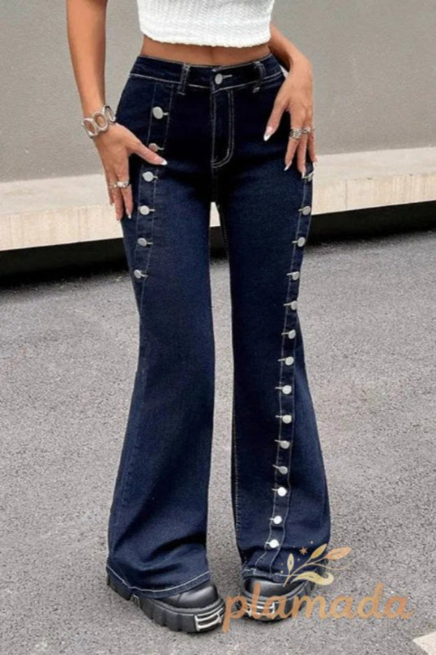 Button Front High Stretch Flare Floor Length Jeans