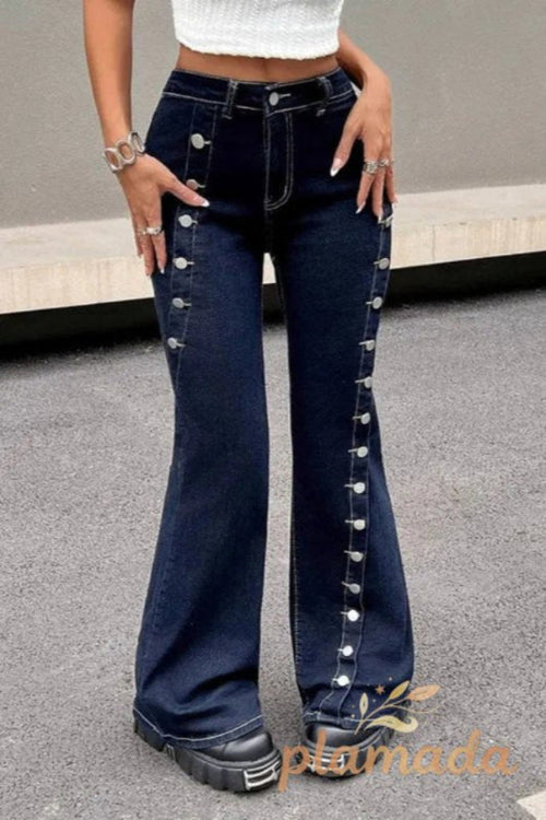 Button Front High Stretch Flare Floor Length Jeans