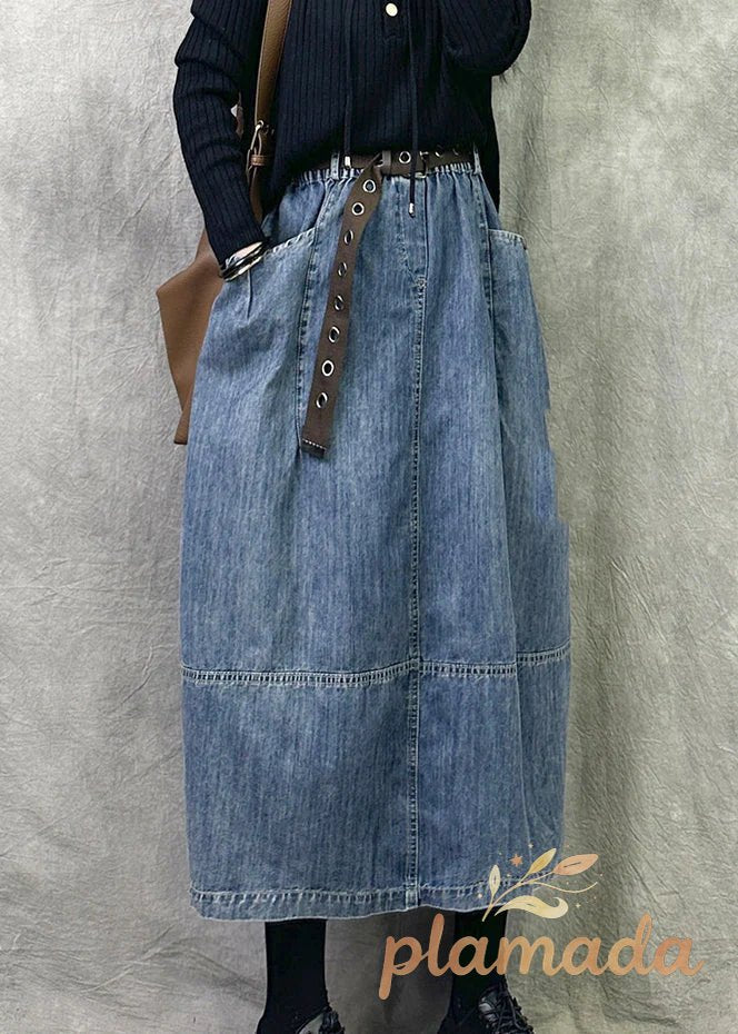 Chic Grey Blue Pockets Patchwork Denim Skirts Spring