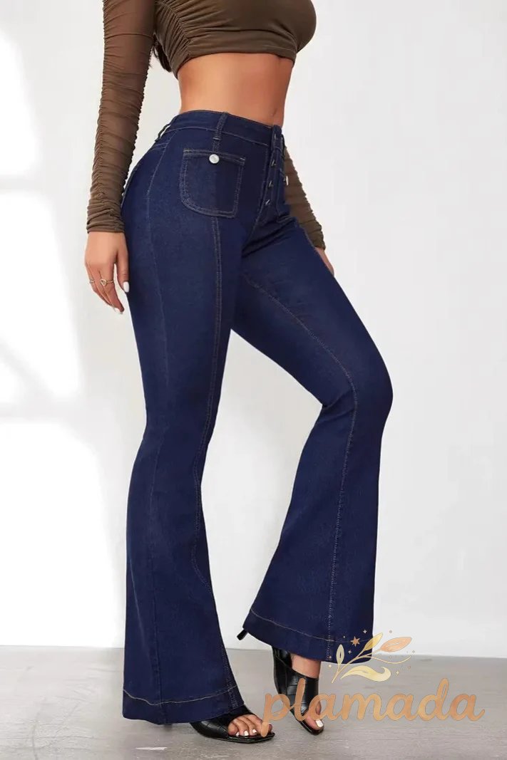 High Waist Button Front Patchwork Slim Kick Flare Jeans