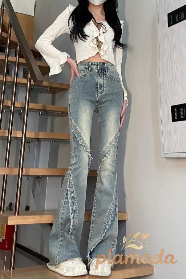 Vintage Frayed High Waist Bootcut Slim Jeans