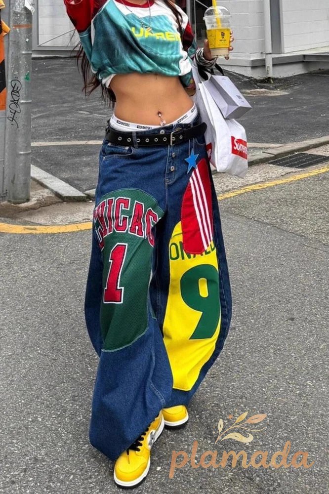 Graphic Patch Wide Leg Floor Length Trendy Hip Hop Jeans