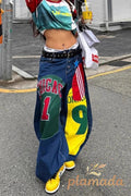 Graphic Patch Wide Leg Floor Length Trendy Hip Hop Jeans