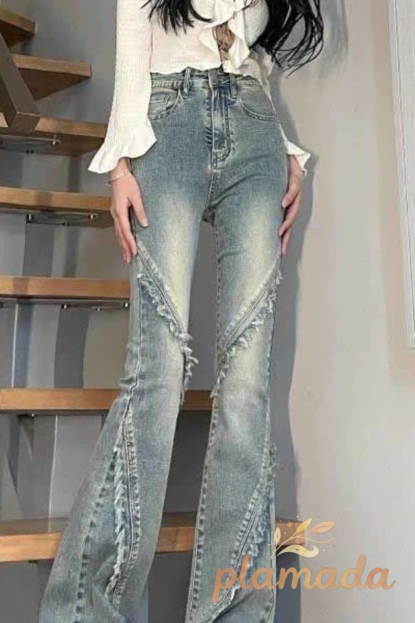 Vintage Frayed High Waist Bootcut Slim Jeans