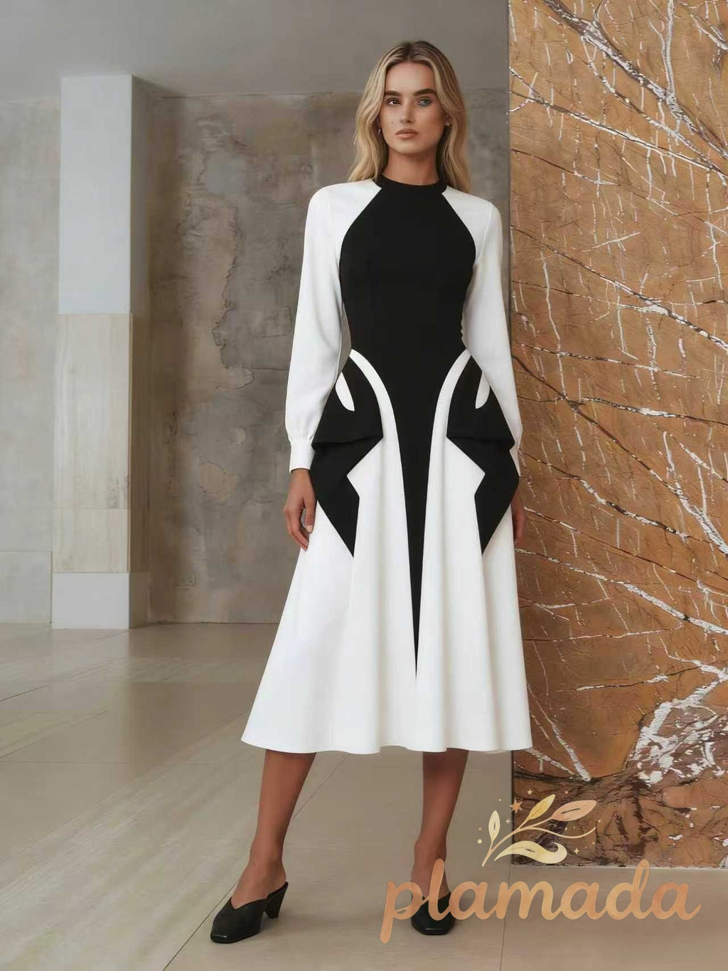 Contrast-Sleeve Pleated Midi Dress
