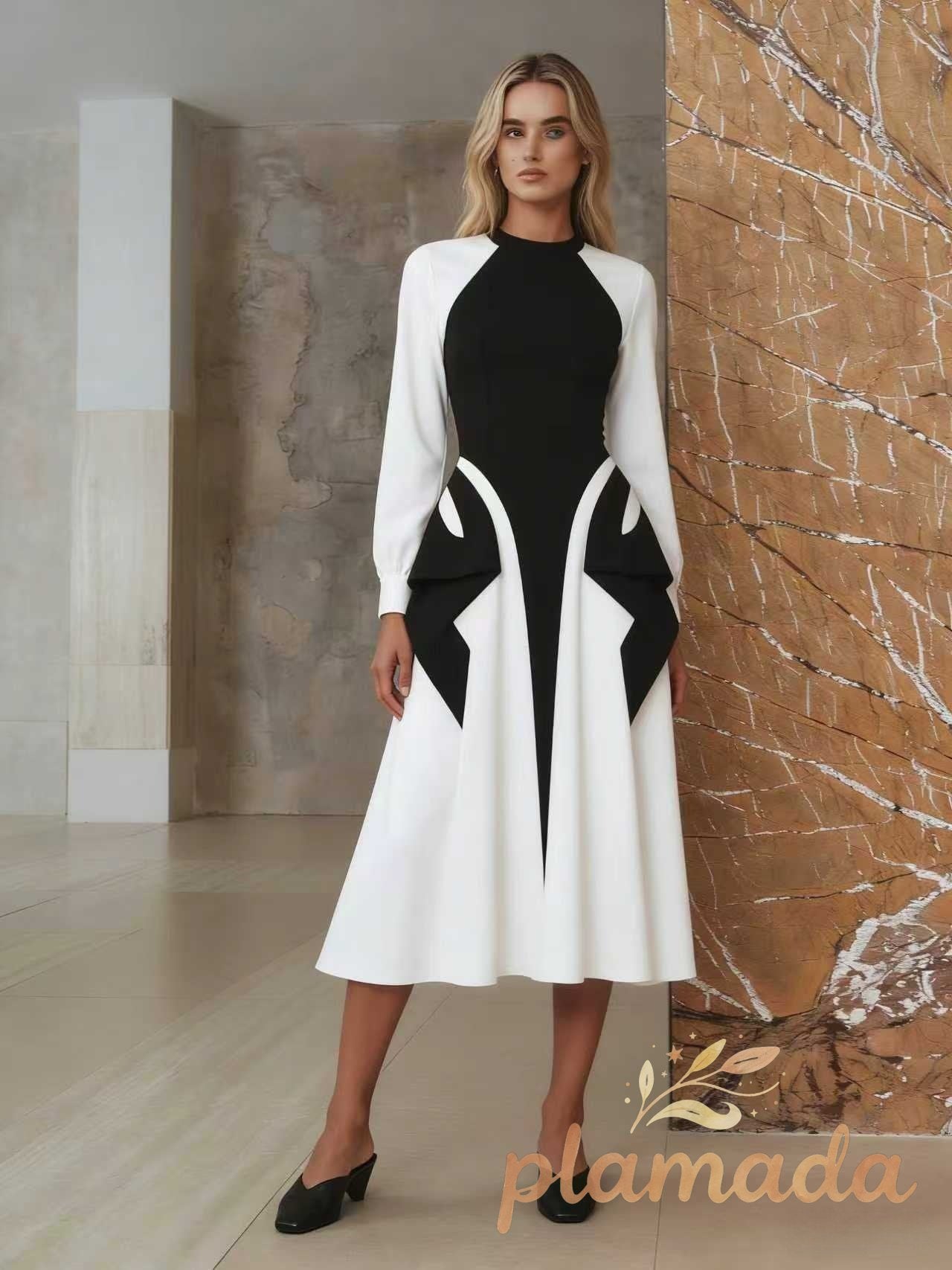 Contrast-Sleeve Pleated Midi Dress