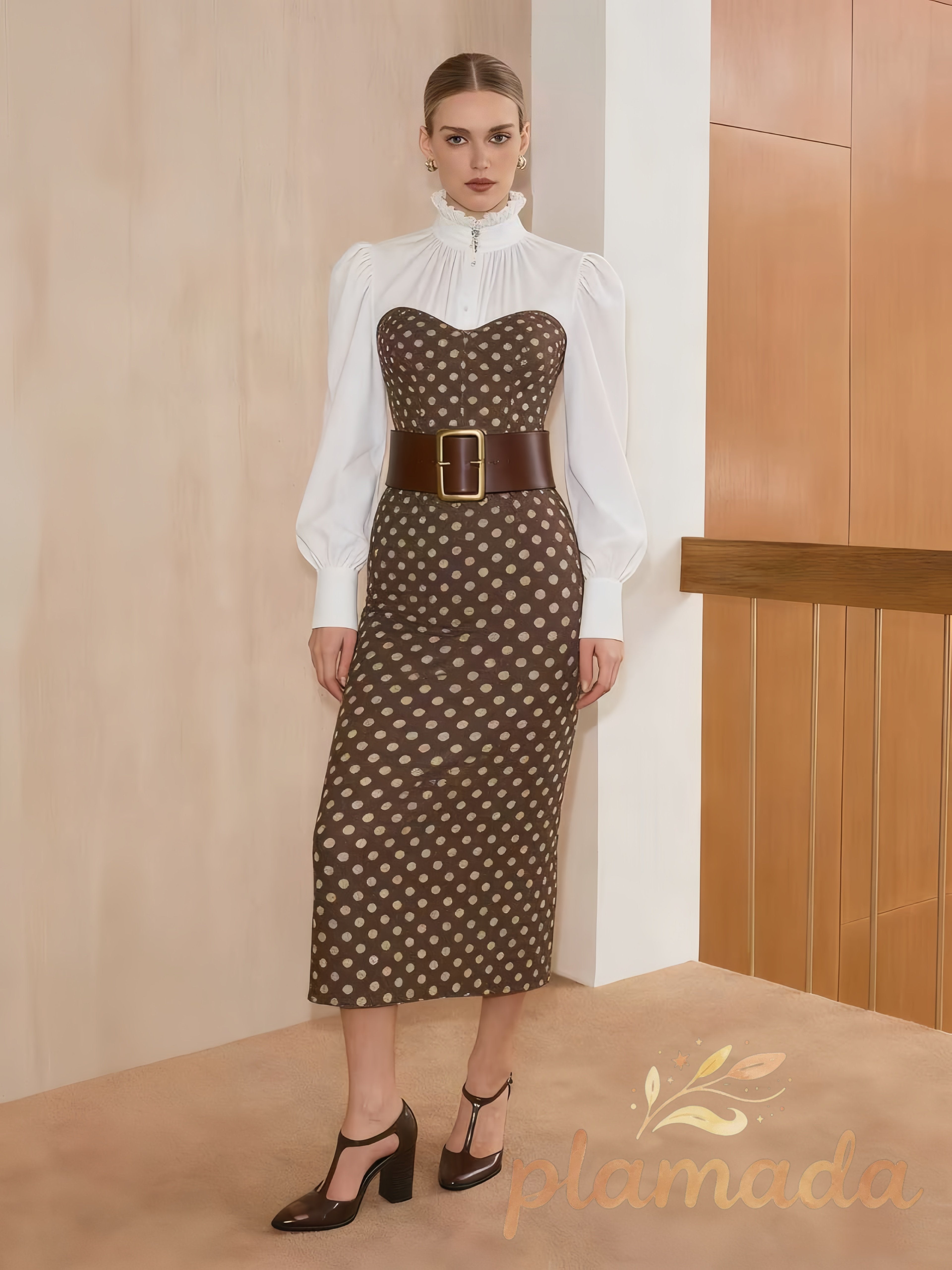 2 in 1 Shirt Plaid Panel Midi Dress with Belt