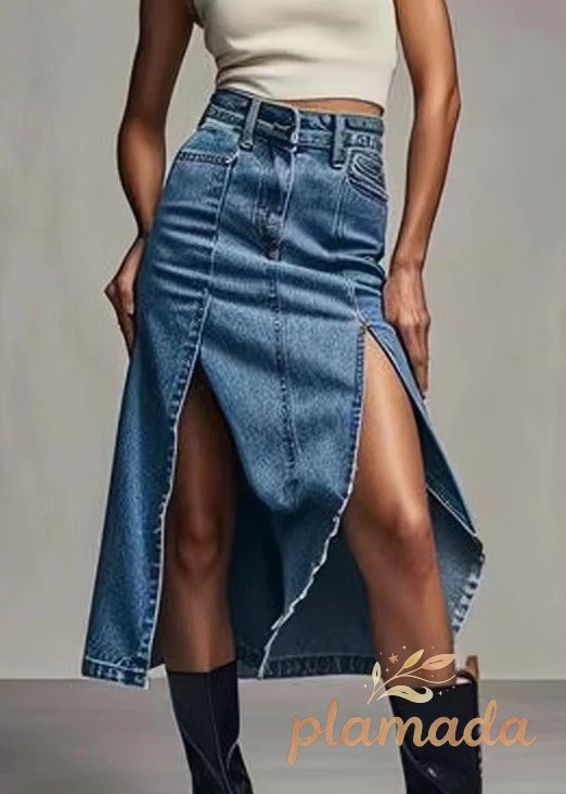 Chic Blue Zippered Side Open High Waist Denim Skirt Summer