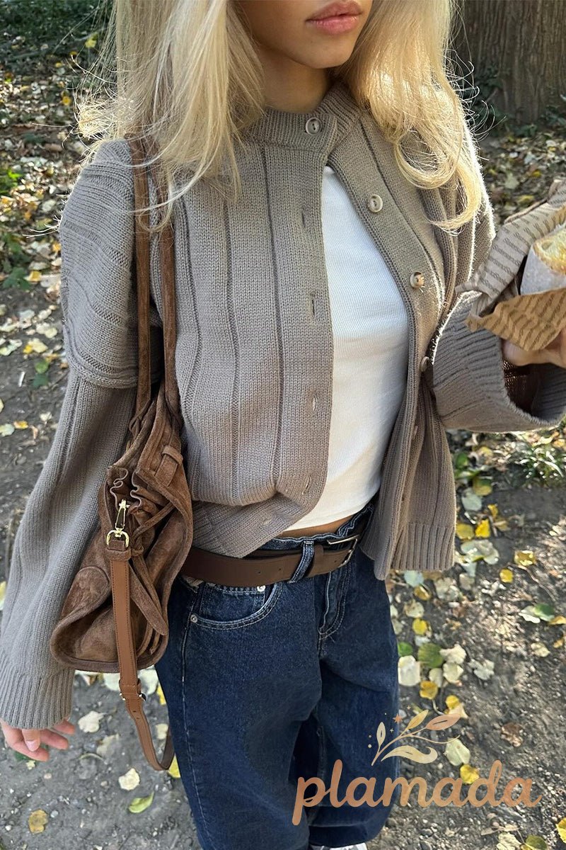 Textured Ribbed Round Neck Knit Cardigan