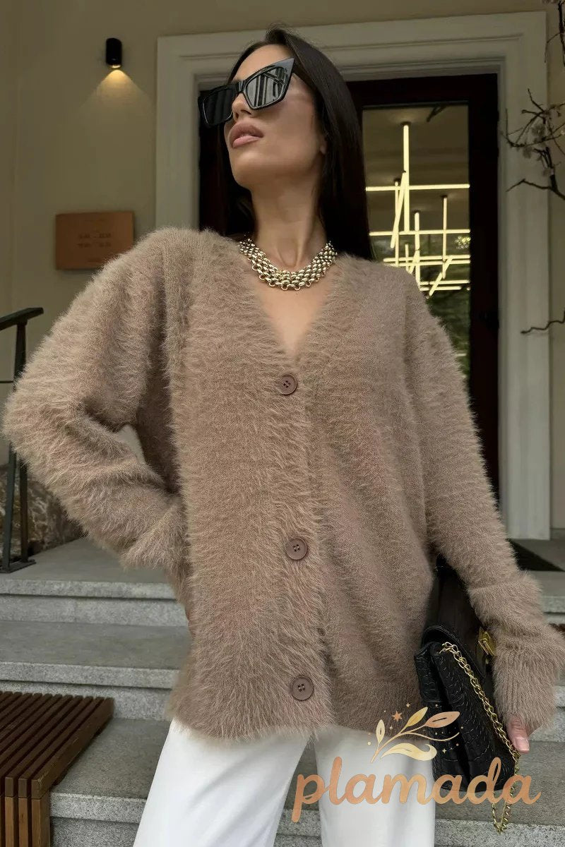 Faux Fur V Neck Cardigan