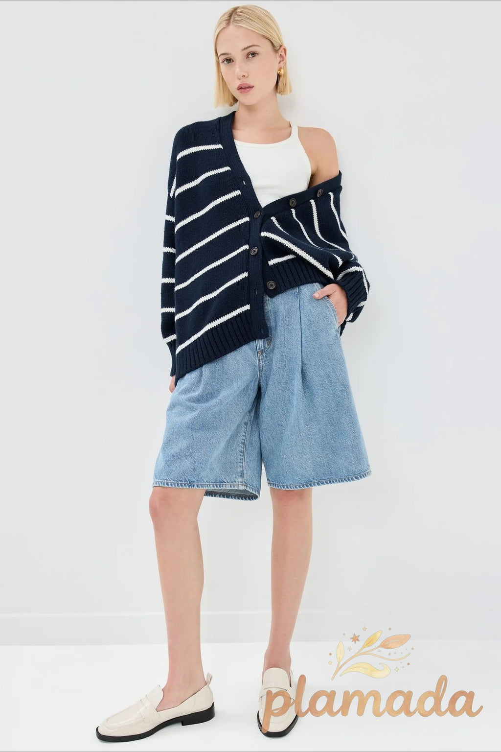Cotton Stripe V Neck Cardigan