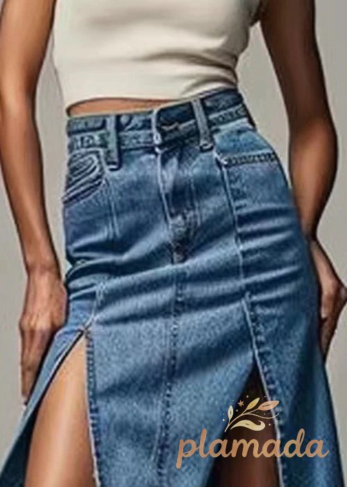 Chic Blue Zippered Side Open High Waist Denim Skirt Summer