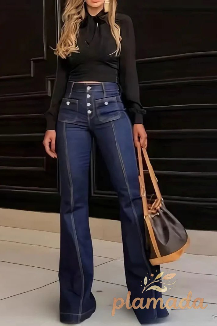 High Waist Button Front Patchwork Slim Kick Flare Jeans