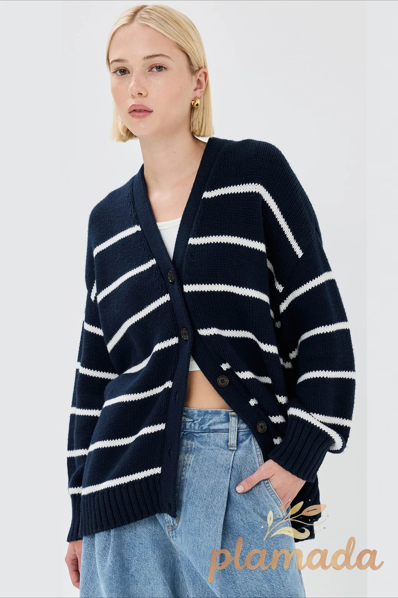Cotton Stripe V Neck Cardigan