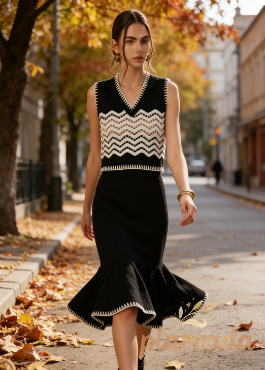 Contrast Trim Knit Tank Top With Skirt Set