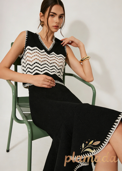 Contrast Trim Knit Tank Top With Skirt Set
