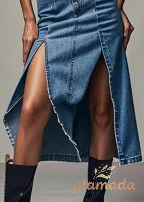 Chic Blue Zippered Side Open High Waist Denim Skirt Summer