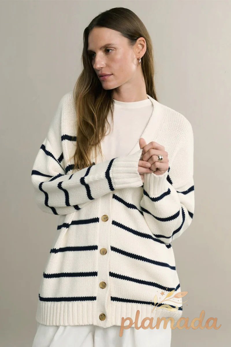 Cotton Stripe V Neck Cardigan