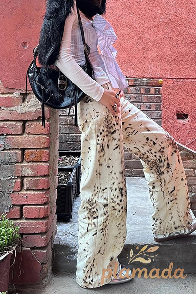 Retro Leopard Straight Baggy Jeans