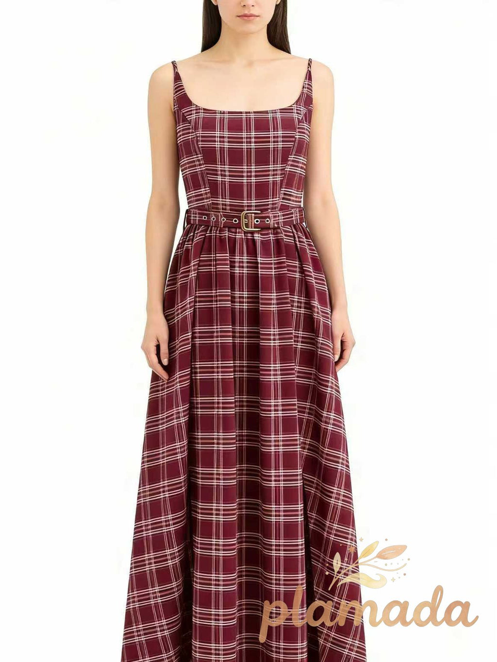 Plaid Smocked Bodice Belted Midi Dress