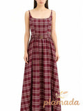 Plaid Smocked Bodice Belted Midi Dress
