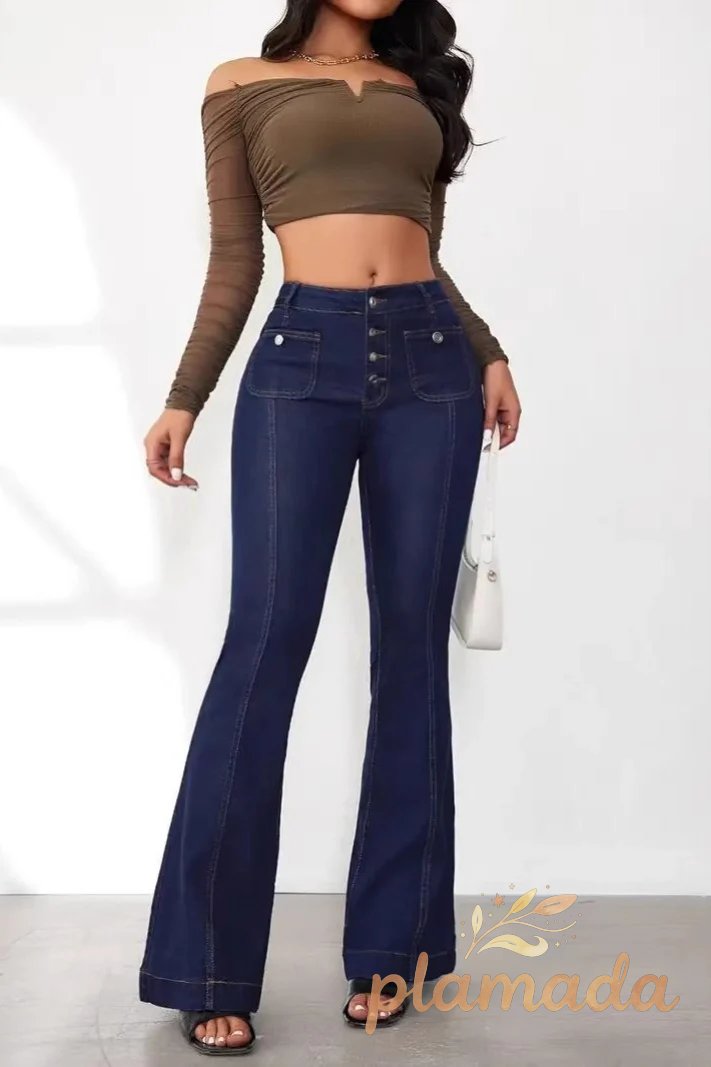 High Waist Button Front Patchwork Slim Kick Flare Jeans