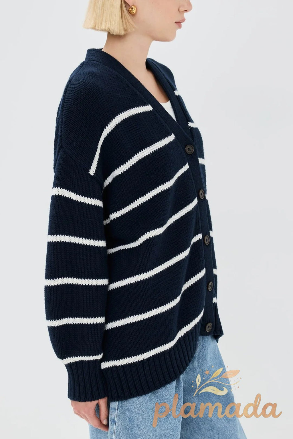 Cotton Stripe V Neck Cardigan