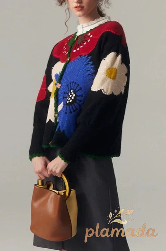 Vintage Floral Embroidered Knit Cardigan