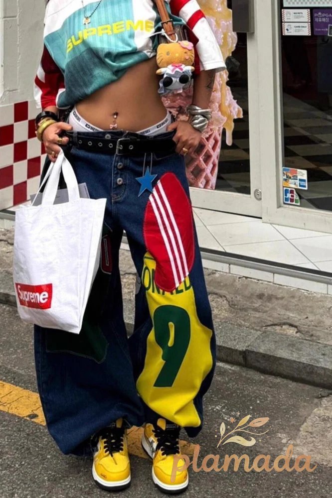 Graphic Patch Wide Leg Floor Length Trendy Hip Hop Jeans