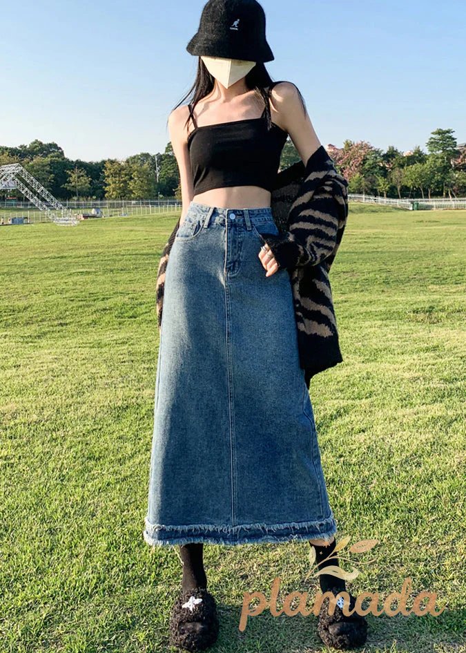 Italian Blue Pockets Tasseled High Waist Denim Skirts Summer