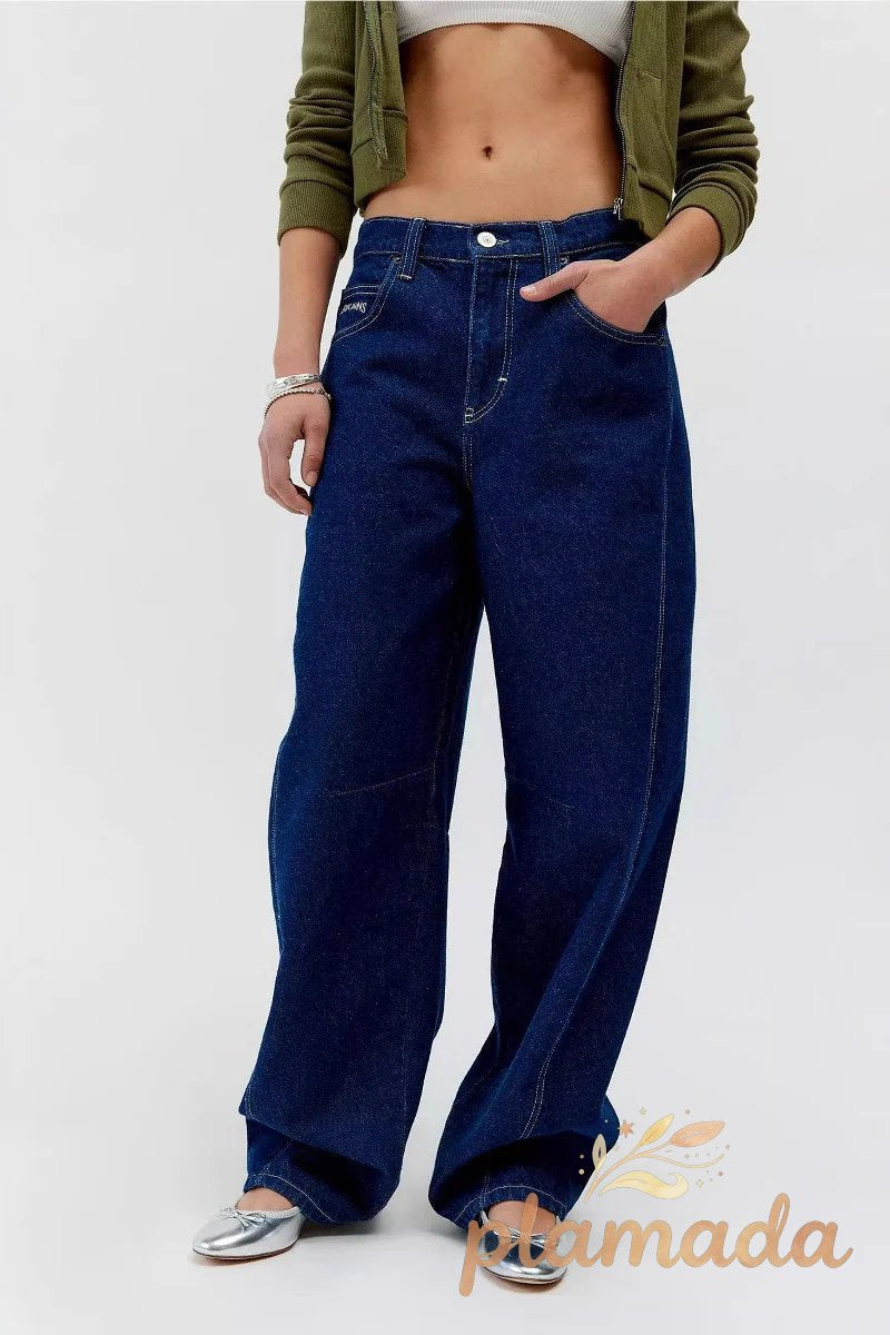 Vintage Wash Low Rise Slim Loose Straight Leg Jeans