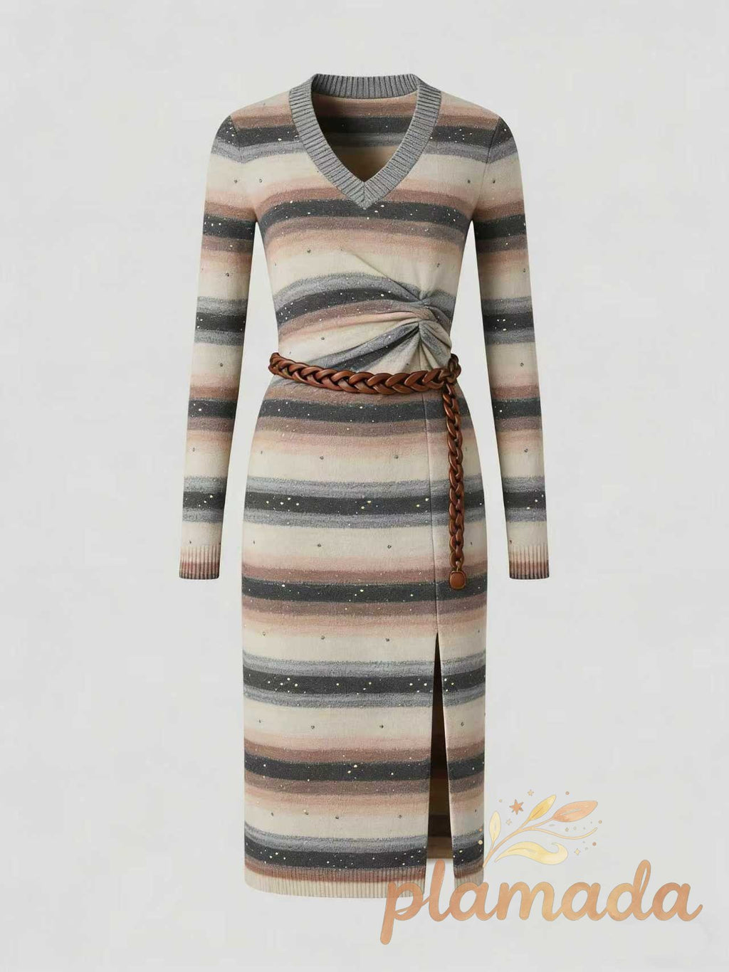 Mock Neck Twisted Side Slit Midi Dress