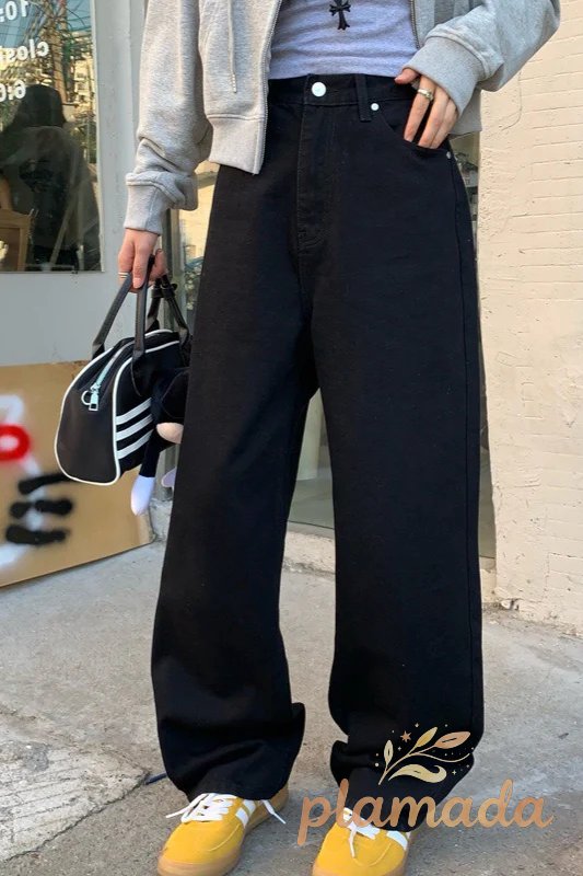 Solid Color Contrast Print Loose Straight Casual Jeans