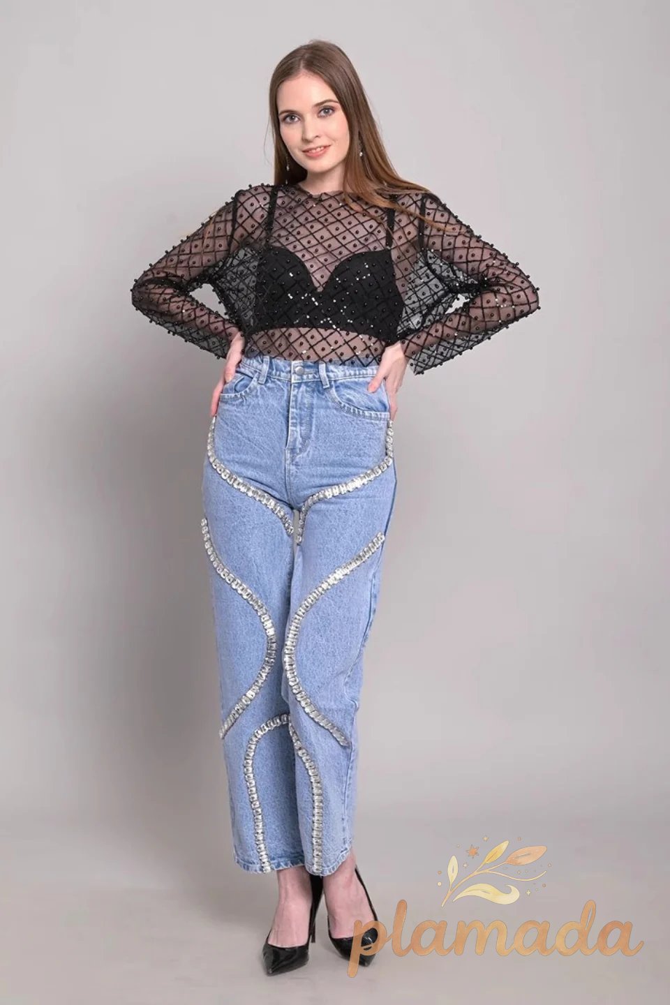 High Waist Rhinestone Panel Wide Leg Straight Jeans