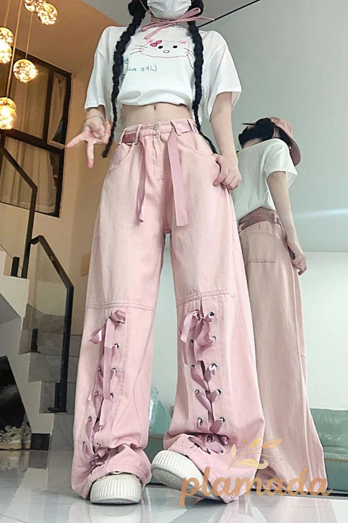 Pink Bow Tie Wide Leg Cargo Jeans