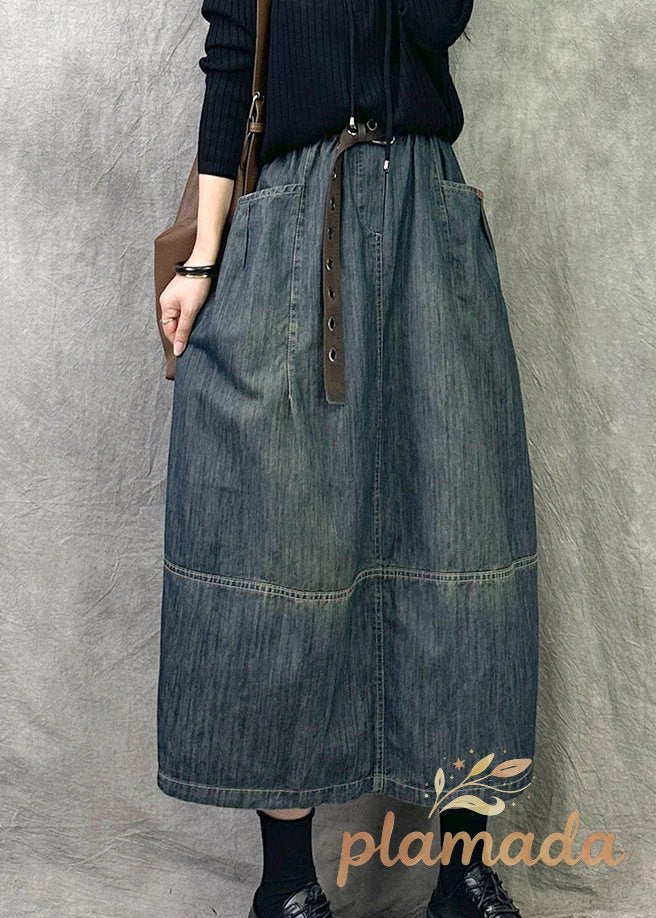 Chic Grey Blue Pockets Patchwork Denim Skirts Spring