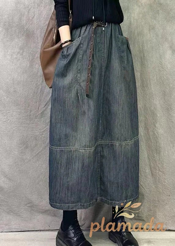 Chic Grey Blue Pockets Patchwork Denim Skirts Spring