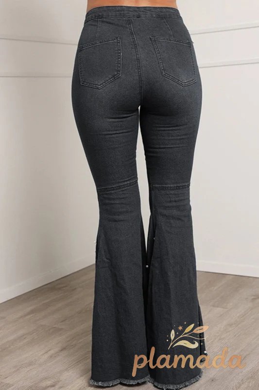 High Waist Stretch Slim Beaded Flare Loose Jeans