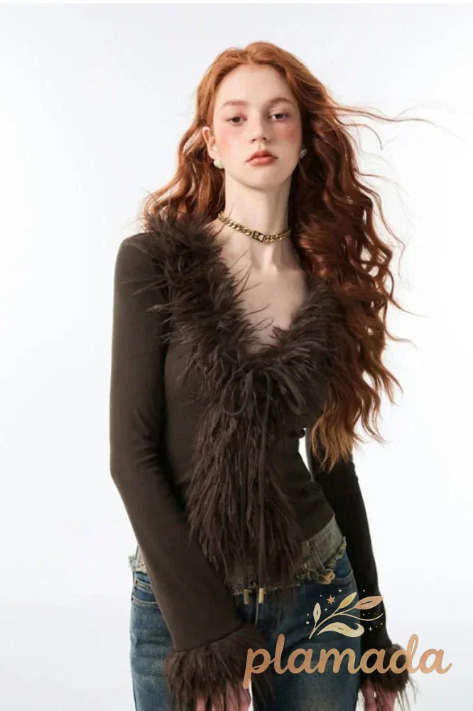 Lace-Up V Neck Plush Cardigan