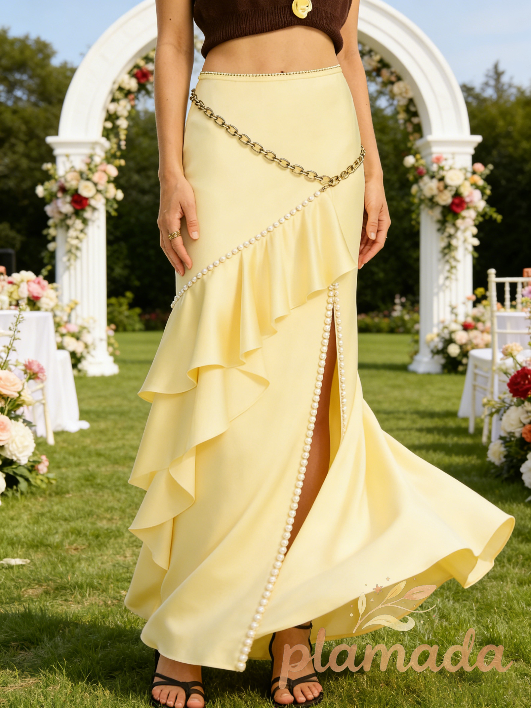 Satin Maxi Skirt with Lace Waistband