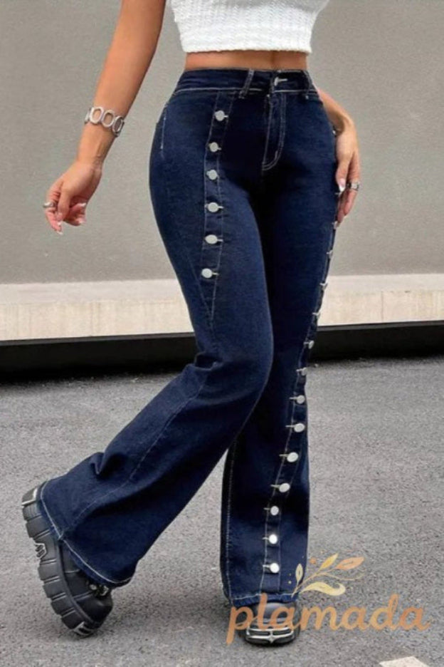 Button Front High Stretch Flare Floor Length Jeans