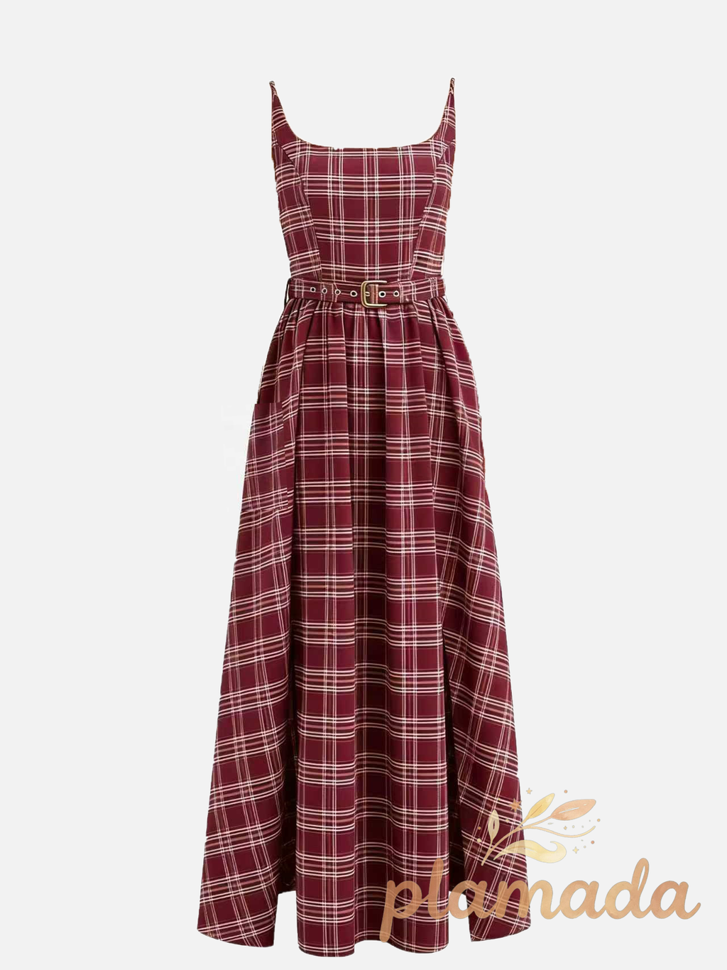 Plaid Smocked Bodice Belted Midi Dress