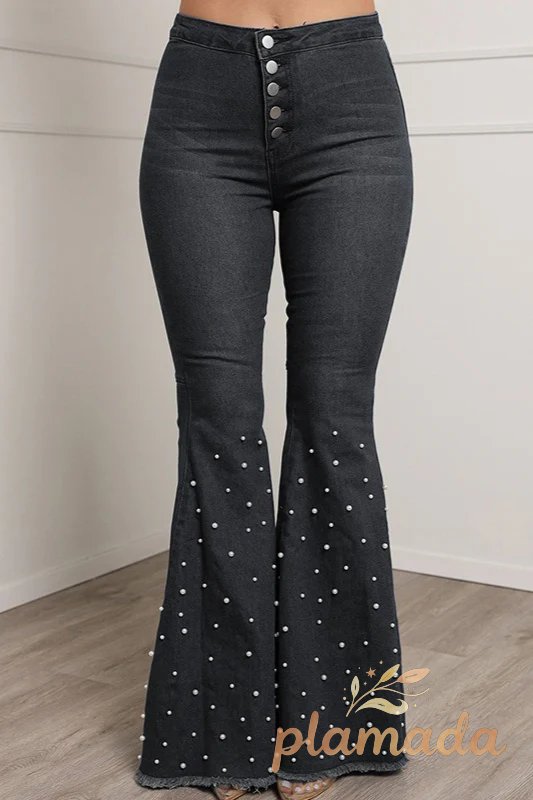 High Waist Stretch Slim Beaded Flare Loose Jeans