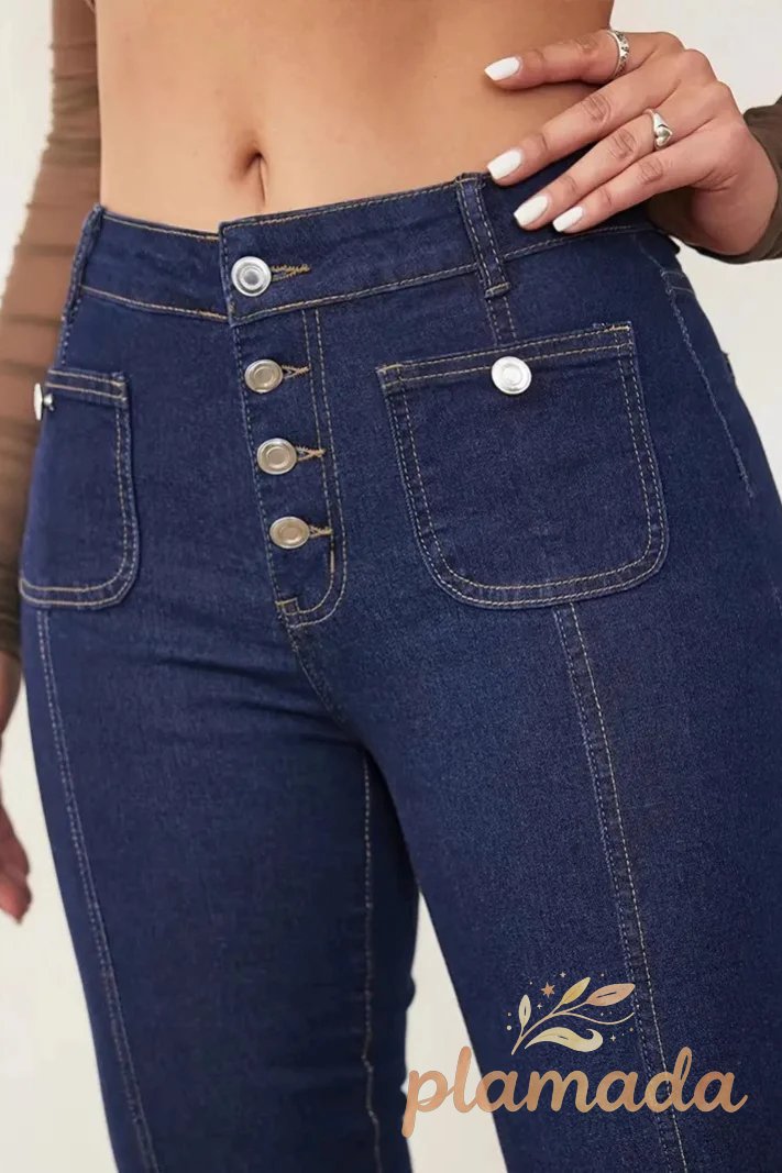 High Waist Button Front Patchwork Slim Kick Flare Jeans