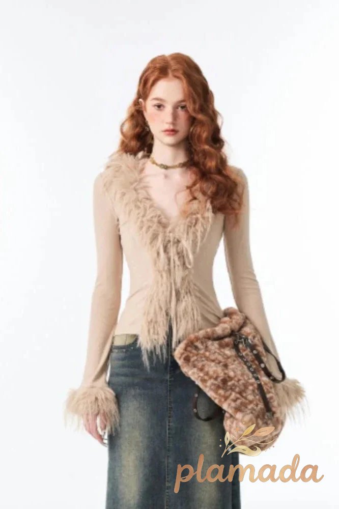 Lace-Up V Neck Plush Cardigan