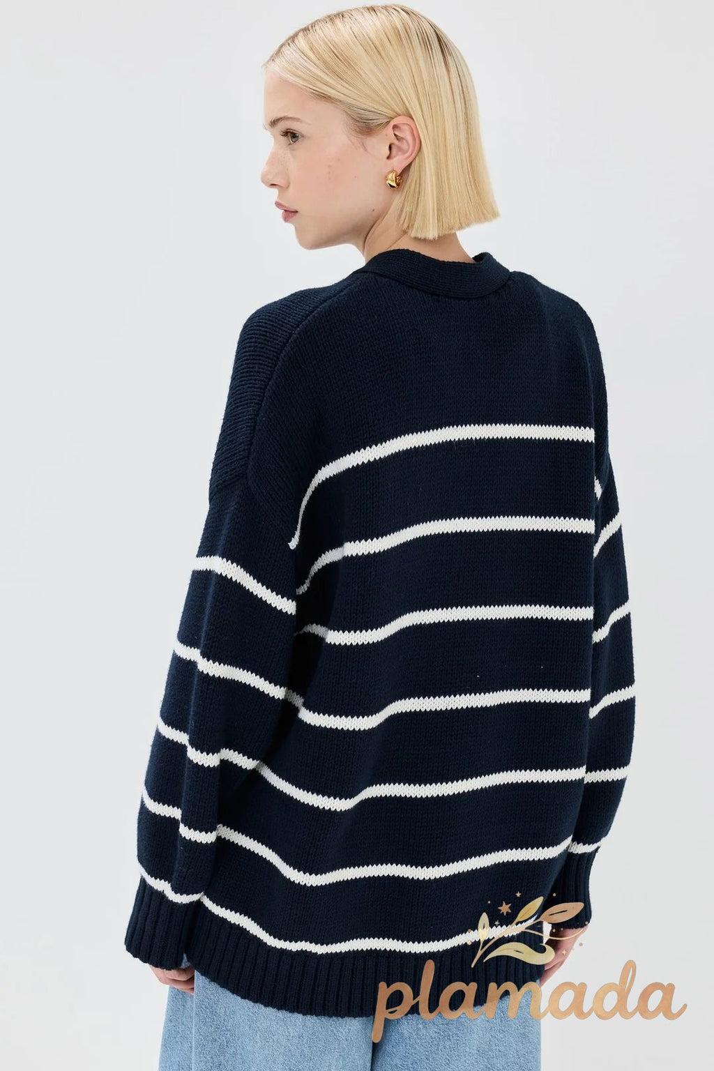 Cotton Stripe V Neck Cardigan