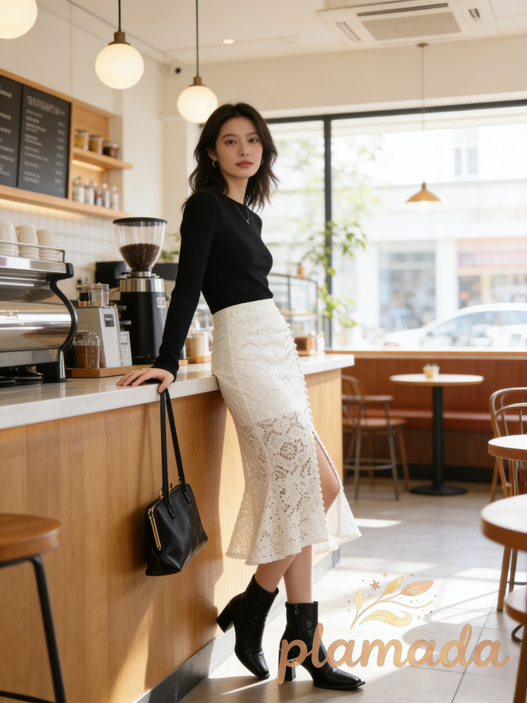 Faux Leather Ruched Slit Midi Skirt